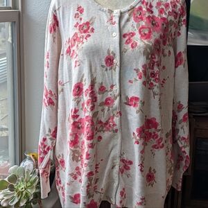 Croft & Barrow Womens Size XL Floral Button-Up Sweater Beige With Cherry Blossom